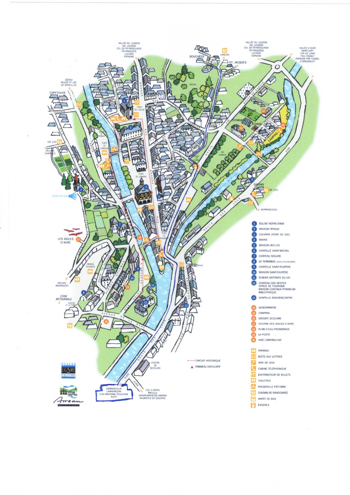 Illustrated tourist map of Arreau: the village between the Aure and Louron rivers, numbered sights, and the Bouchède quarter at the top